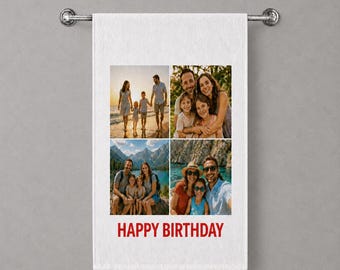 Personalised Birthday Tea Towel 4 Photo Collage Custom Text 50 x 70 cm