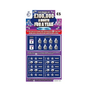 May include: A lottery ticket with the text "TOP PRIZES OF £100,000 A MONTH FOR A YEAR" in a purple and blue design. The ticket features scratch-off areas with symbols and the text "PRIZE". The ticket is priced at £5.