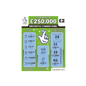 May include: A green and white scratch-off lottery ticket with the text "£250,000" and "£2". The ticket features the National Lottery logo and various prize amounts, including "£20.00", "£40.00", and "£1,000".