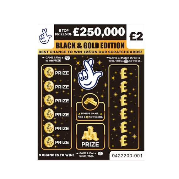 2 Fake Winning Scratch Cards, Black & Gold Prank Lottery Tickets (Physical Product)
