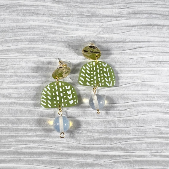 Sage Green Polymer Clay Handmade Earrings With Stone Charm Etsy