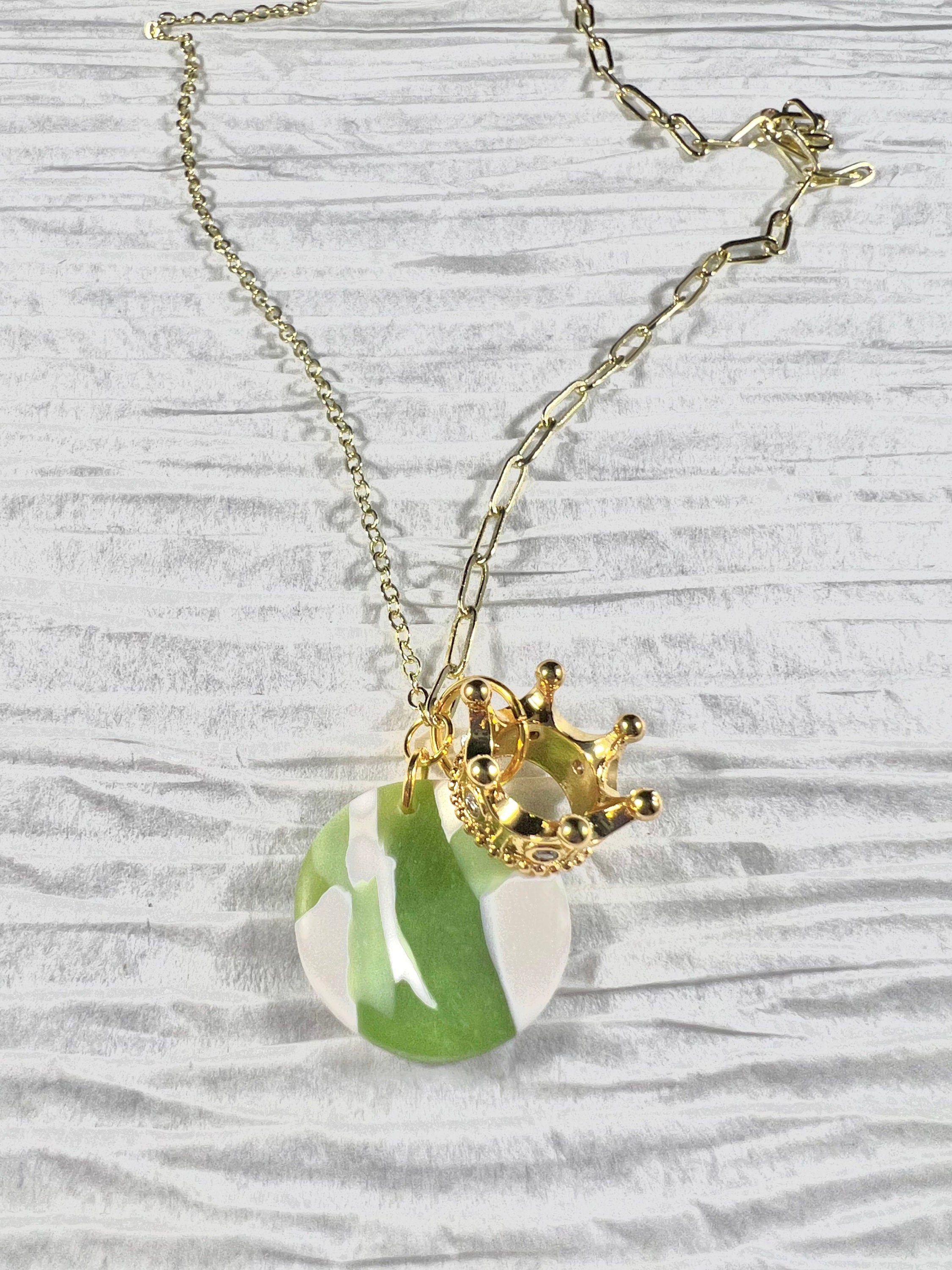 24K gold plated Crown Necklace Handmade Jewelry Gold Plated Necklace Sage Color Polymer Clay Dainty Gold Chain Mothers Day Gift