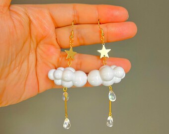 Cute Bubble Cloud Earrings | Unique Celestial Cloud and Star Acrylic Lightweight Earrings | Unique Handmade Earrings | 18K Gold Plated