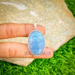 Natural Blue Lace Agate Pendant Necklace - 925 Sterling Silver Handmade Jewelry Gift for Her - Blue Gemstone Pendant for Healing & Calm