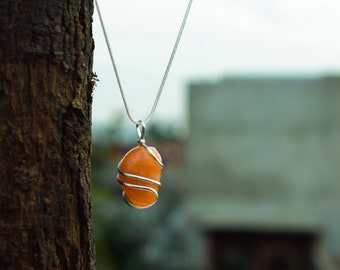 Natural Carnelian Tumble Pendant: Wire Wrapped, Handmade