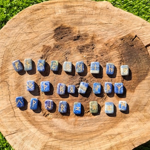 Lapis lazuli crystal runes stones set viking elder futhark divination spiritual healing crystals and stones, comes with  pouch to carry
