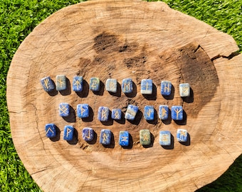Lapis lazuli crystal runes stones set viking elder futhark divination spiritual healing crystals and stones, comes with  pouch to carry
