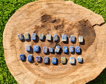 Lapis lazuli crystal runes stones set viking elder futhark divination spiritual healing crystals and stones, comes with  pouch to carry