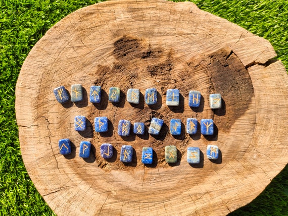 Lapis lazuli crystal runes stones set viking elder futhark divination spiritual healing crystals and stones, comes with  pouch to carry