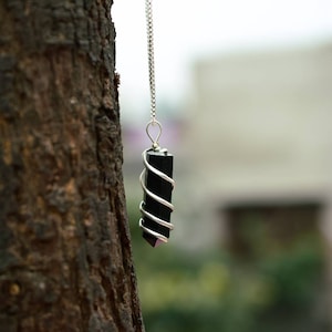 Black Tourmaline Pendant Coil Wrapped with Chain