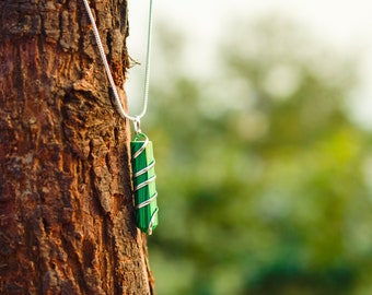 Wire Wrapped Malachite Necklace: Genuine Crystal for Prosperity