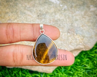 Teardrop Tiger Eye Pendant, 925 Sterling Silver Handmade Jewelry