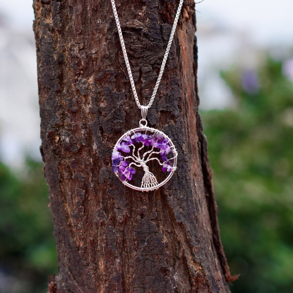 Silver Tree of life with purple amethyst crystals necklace. Well-being. Protection. Healing. Free postage. Mindfulness. Ivf journey. 3cm