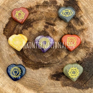 7 Chakra Carved Heart Gemstone Set, Healing Gift For Her