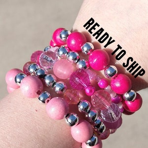 Pink and silver stretch bracelets, jewelry for women, gifts for her, ready to ship