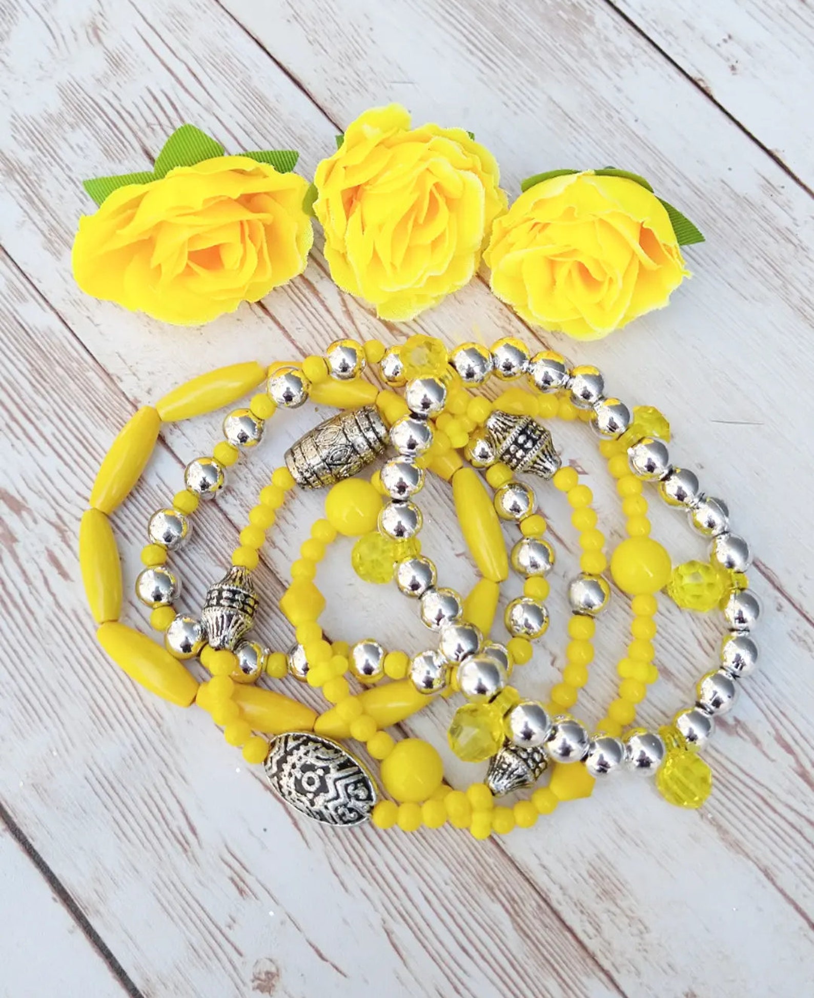 Yellow And Silver Stretch Bracelets Etsy yellow-and-silver-stretch-bracelets-etsy