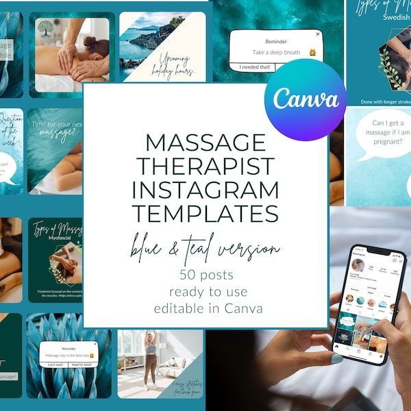 Massage Therapist Instagram Post Templates, Editable in Canva, Blue, Teal and Trees