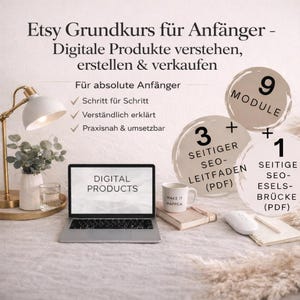 May include: A laptop displaying "DIGITAL PRODUCTS" sits on a white surface, next to a coffee mug that says "MAKE IT HAPPEN". The image also includes a desk lamp, a glass of water, and text that reads "Etsy Grundkurs für Anfänger".