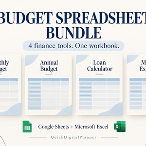 Può includere: Un pacchetto di fogli di calcolo per il budget digitale con quattro strumenti finanziari: Budget mensile, Budget annuale, Calcolatore di prestiti e Spese mediche. Il layout include tabelle blu e bianche, compatibili con Google Sheets e Microsoft Excel.