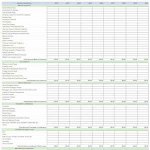 May include: A printable spreadsheet template for itemized deductions. The spreadsheet is divided into categories such as medical expenses, tax expenses, interest expenses, charitable contributions, casualty and theft losses, and miscellaneous deductions. Each category has a list of items to be deducted, with columns for each year from 2022 to 2030.