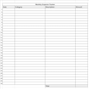 May include: A blank monthly expense tracker spreadsheet with columns for date, category, description, and amount. The spreadsheet has 30 rows for each day of the month.