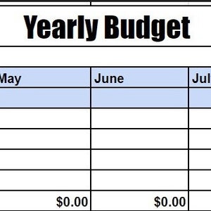May include: A blank yearly budget spreadsheet with columns for each month of the year and rows for different income sources, such as paychecks, spouse paychecks, and other income. The spreadsheet has a title "Yearly Budget" and a heading "Beginning Balance (Last Year Net Total)".