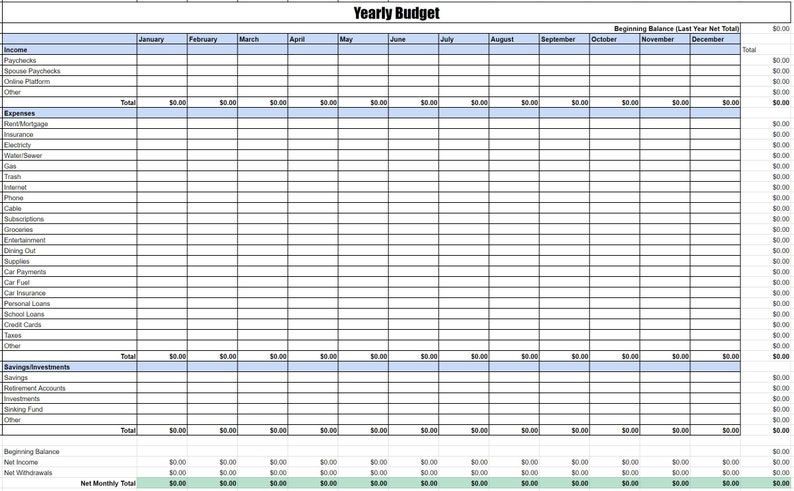 May include: A yearly budget spreadsheet with columns for each month of the year, including income, expenses, savings, and investments. The spreadsheet is formatted with blue and green headings and includes a total column for each category.