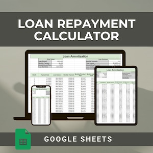 Può includere: Un foglio di calcolo di Google Sheets su un laptop, un tablet e un telefono, che mostra un calcolatore di ammortamento del prestito. Il foglio di calcolo mostra l'importo del prestito, il tasso di interesse, il pagamento mensile e il saldo del prestito. Il foglio di calcolo è intitolato "Ammortamento del prestito".