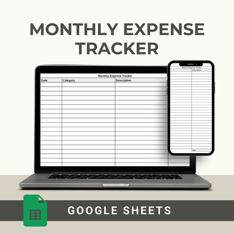 Pu&ograve; includere: Un modello digitale per il monitoraggio delle spese mensili visualizzato sullo schermo di un portatile e di uno smartphone. Il foglio di calcolo presenta colonne per Data, Categoria e Descrizione. Il testo "MONTHLY EXPENSE TRACKER" e "GOOGLE SHEETS" &egrave; visibile.