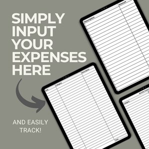 Pu&ograve; includere: Tre schermi di tablet digitali che mostrano modelli di tracciamento delle spese con sfondi bianchi e linee a griglia nere. Il testo SIMPLY INPUT YOUR EXPENSES HERE AND EASILY TRACK &egrave; visibile a sinistra. I modelli presentano colonne per Data, Categoria, Descrizione e Importo.