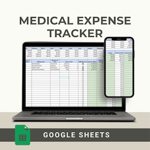Può includere: Un computer portatile che mostra un foglio di calcolo di Google Sheets con un tracker delle spese mediche. Il foglio di calcolo ha colonne per la parte di fatturazione, il motivo della visita, la data della visita, la ricezione dell'EOB, l'importo fatturato e la regolazione dell'assicurazione. Il foglio di calcolo è su uno sfondo bianco. Il laptop è su una superficie grigia. Uno smartphone è sullo sfondo, che mostra anche un foglio di calcolo con un tracker delle spese mediche.