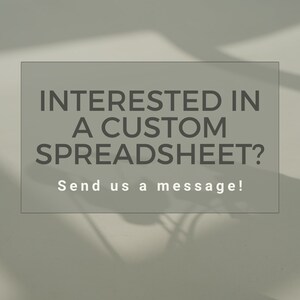 Pu&ograve; includere: Un grafico rettangolare con sfondo verde salvia caratterizzato da un testo grigio scuro che recita INTERESTED IN A CUSTOM SPREADSHEET? seguito dal testo bianco Send us a message! Il design include una sottile ombra sulla superficie.