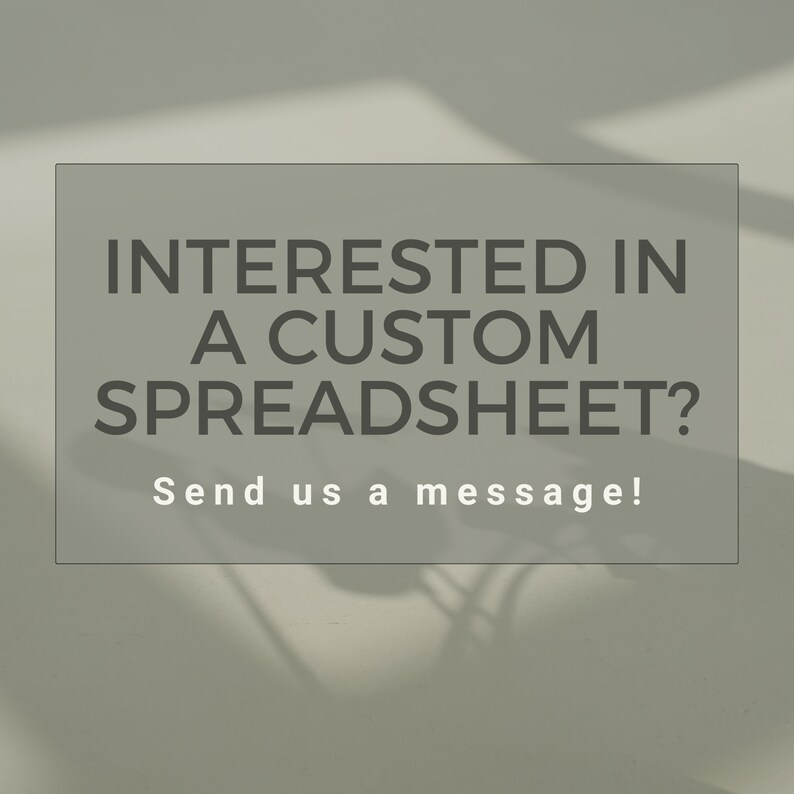 Pu&ograve; includere: Un grafico rettangolare con sfondo verde salvia caratterizzato da un testo grigio scuro che recita INTERESTED IN A CUSTOM SPREADSHEET? seguito dal testo bianco Send us a message! Il design include una sottile ombra sulla superficie.