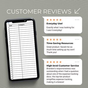 Pu&ograve; includere: Uno smartphone che mostra un foglio di calcolo digitale con colonne Data e Categoria, accompagnato da tre fumetti bianchi che mostrano recensioni a cinque stelle con testo che include Everyday Use, Time-Saving Resources e High-level Customer Service.