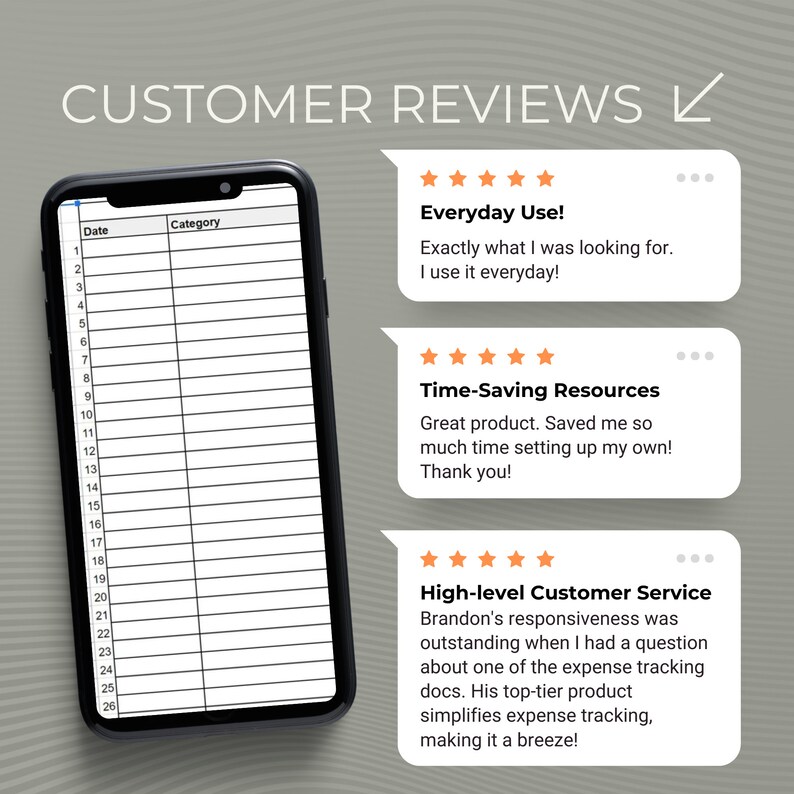 Pu&ograve; includere: Uno smartphone che mostra un foglio di calcolo digitale con colonne Data e Categoria, accompagnato da tre fumetti bianchi che mostrano recensioni a cinque stelle con testo che include Everyday Use, Time-Saving Resources e High-level Customer Service.