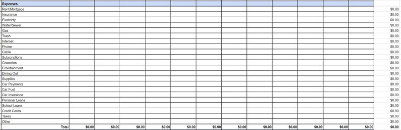May include: A blank budget spreadsheet with columns for expenses and monthly totals. The expenses listed include rent/mortgage, insurance, electricity, gas, water/sewer, trash, internet, phone, cable, subscriptions, groceries, entertainment, dining out, supplies, car payments, car fuel, car insurance, personal loans, school loans, credit cards, taxes, and other.