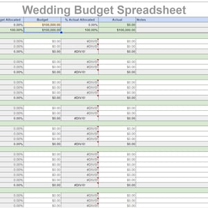 Può includere: Un foglio di calcolo del budget di matrimonio con categorie per luoghi, coordinatore di pianificazione, catering, fotografia e videografia, intrattenimento, fiori e decorazioni e torta. Il foglio di calcolo include colonne per il budget assegnato, il budget, il budget assegnato effettivo, il budget effettivo e le note.