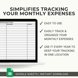 Pu&ograve; includere: Un tracker digitale delle spese mensili visualizzato su uno schermo di computer portatile con colonne per descrizione e importo. Il testo recita: SIMPLIFIES TRACKING YOUR MONTHLY EXPENSES, EASY TO USE, EASILY TRACK & ORGANIZE YOUR MONTHLY EXPENSES, GOOGLE SHEETS.