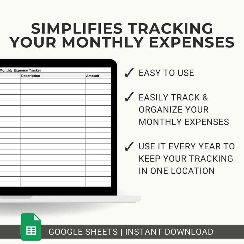Pu&ograve; includere: Un tracker digitale delle spese mensili visualizzato su uno schermo di computer portatile con colonne per descrizione e importo. Il testo recita: SIMPLIFIES TRACKING YOUR MONTHLY EXPENSES, EASY TO USE, EASILY TRACK & ORGANIZE YOUR MONTHLY EXPENSES, GOOGLE SHEETS.