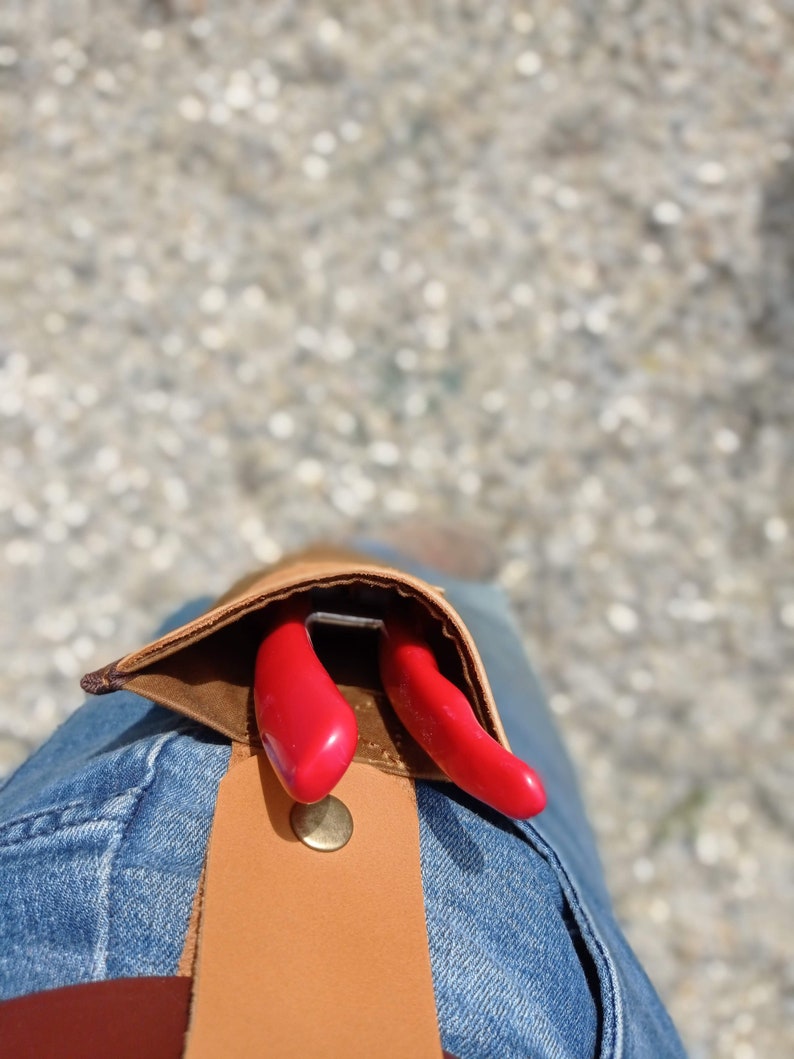 May include: A brown leather tool belt with a pocket that holds a pair of red pruning shears.