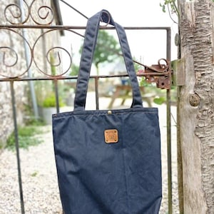 Handmade Navy Waxed Canvas Tote Bag: Floral Interior