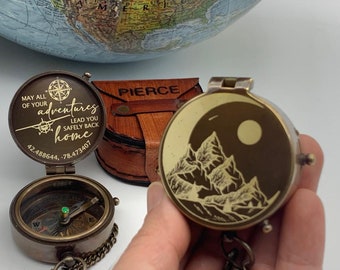 Engraved Brass Compass, Personalised Anniversary Gift, Leather Pouch, Father's Day Gift