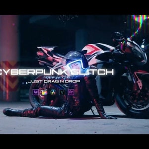 May include: A person wearing a black leather jacket and helmet sits on a red and white motorcycle. The text "CYBERPUNK GLITCH" is displayed in white with a neon blue outline. The text "JUST DRAG N DROP" is displayed in white below the main text.  The text "Ae", "Pr", "V", and a film reel icon are displayed below the text.