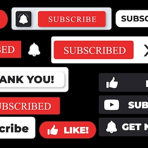 May include: A collection of red and white buttons with various icons and text, including "LIKE!" "SUBSCRIBE" "SUBSCRIBED" "THANK YOU!" and "GET NOTIFIED".