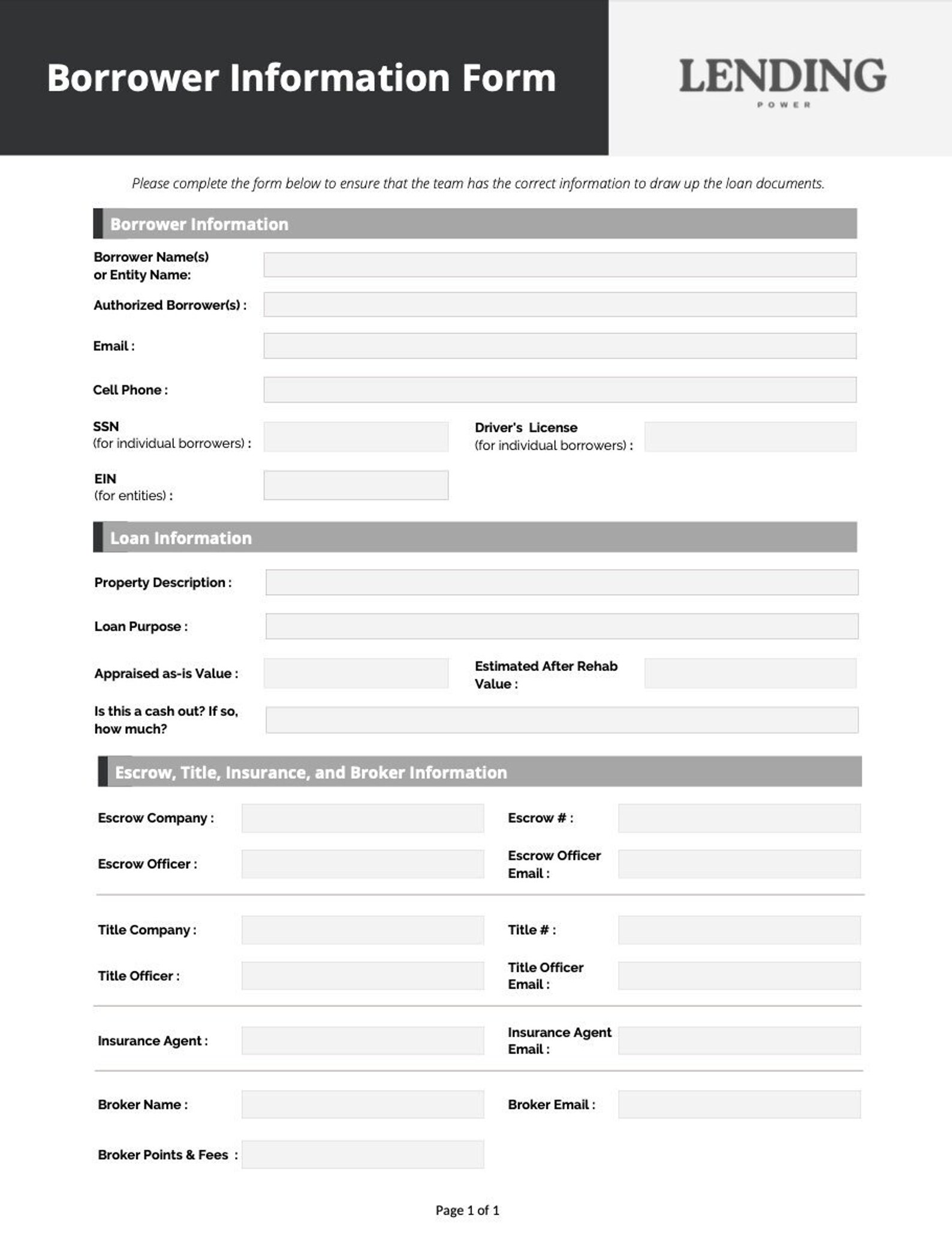 Borrower Information Form for Real Estate Lender Etsy