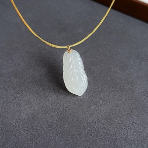 18K Gold White Nephrite Jade Feather Pendant Necklace | Gift for Her