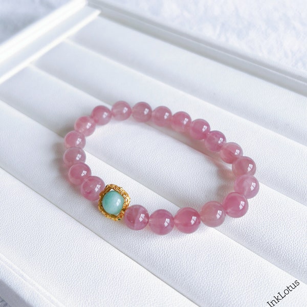 8mm Rose Quartz Bracelet| Natural AAAA+ Madagascar Rose Quartz| Jadeite Jade Accent| Pink Gemstone Bracelet Gift for Her| Gift for Daughter