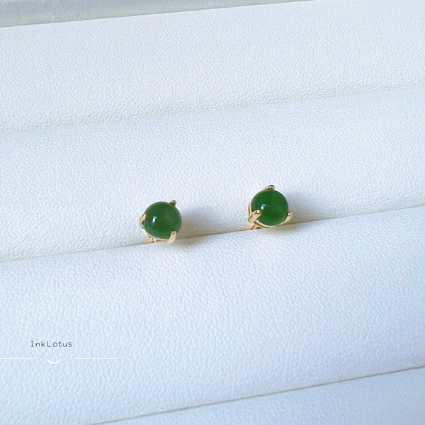 6mm Jade Stud Earrings| Three-prong Set Green Nephrite Jade Stud Earrings| S925 Silver Jade Stud Earrings| Dainty Gold Jade Stud Earring