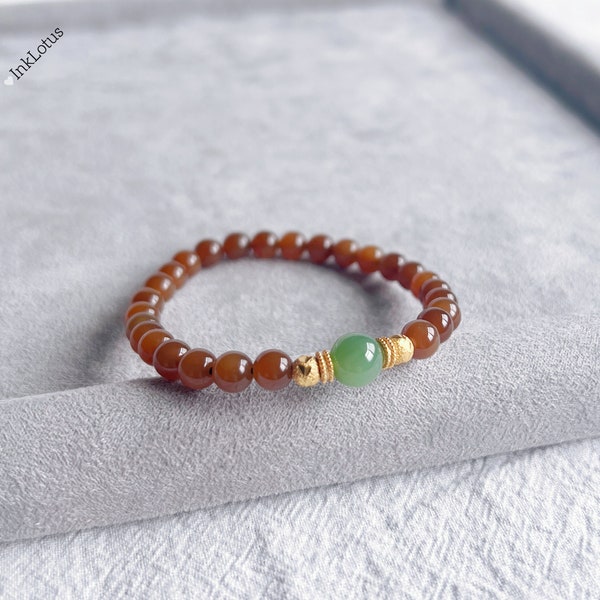 6mm Brown Jade Bracelet| Unique Deep Brown Nephrite Jade Beads| High-quality Real Jade| Green Jade Accent| Hetian Jade Jewelry| Dainty Jade