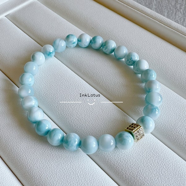 6.5-7mm Top Quality Larimar Bead Bracelet, Grade AAAAA Larimar, Natural Authentic Larimar Stones, Dominican Larimar, Blue Beachy Jewelry,